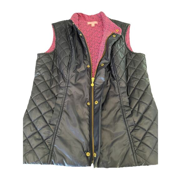 Lilly Pulitzer Blue Quilted Puffer Vest Size Small Pink Logo Print Knit Lining - Picture 5 of 10